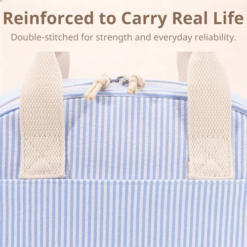 LOVELYWIND Lunch Box for Women, Insulated Lunch Bag, Blue Stripe Tote