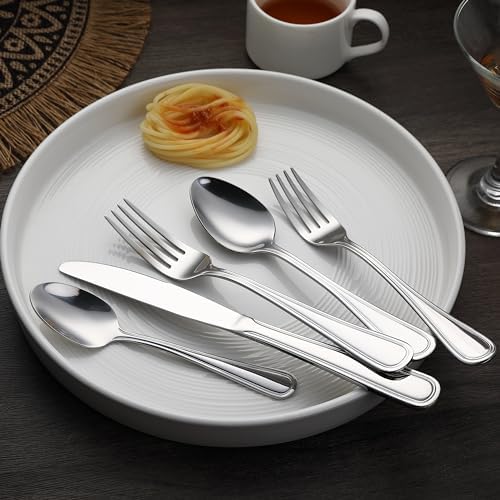 Amazon Basics Silverware Set, Stainless Steel Flatware, Dishwasher Safe, Service for 4, 20-Piece Forks and Spoons, Crown Edge, Everyday Use (Pack of 10)