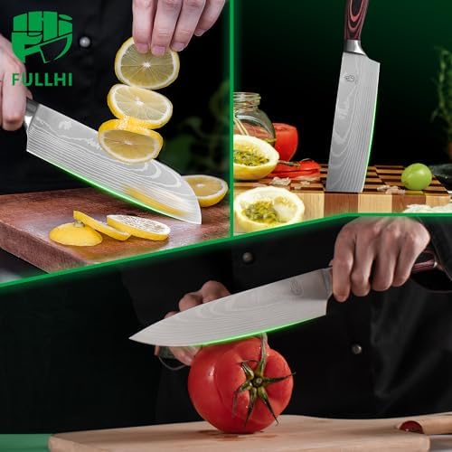 FULLHI 15pcs Japanese Knife Set with Magnetic Knife Block Holder, Japan Stainless Steel Blades, Ergonomic Handles for Professional and Home Cooking（Coffee wood, Magnetic Block Knife Set)