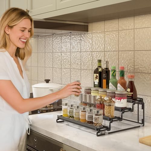 2 Pack Spice Rack Organizer for Cabinet, 4 Tier Black Seasoning Organizer Rack for Inside Cabinets, Countertop, Pantry Storage
