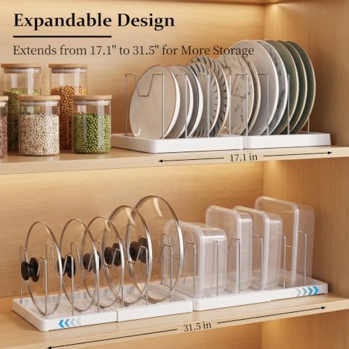 Expandable Pot and Pan Organizer for Cabinet Storage, Foldable Kitchen Cabinet Organizer with 12 Adjustable Dividers, 31" Cookware Rack for Pots, Pans, Pot Lids, Cutting Boards & Bakeware