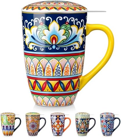 vancasso Ceramic Tea Mug with Infuser and Lid, 18 Ounce Bohemian Loose Leaf Cup, Microwave & Dishwasher Safe, Perfect for Tea, Coffee, Beige-Mustard Tribe