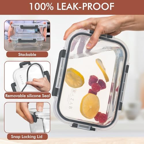 Razab 2 Pcs 1860ml / 63 Oz Large Glass Food Storage Containers with Lids - Glass Meal Prep Containers with Locking Lids for Roasting, Storing Leftover, Lunch Container, BPA Free, Microwave & Oven Safe