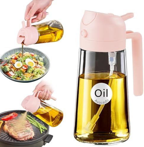 YARRAMATE 16oz/470ml Glass Olive Oil Sprayer for Cooking with Stickers, 2 in 1 Oil Dispenser for Kitchen Gadgets, Food Grade Premium Spray Bottle for Salad, Frying, BBQ (PeachPink)