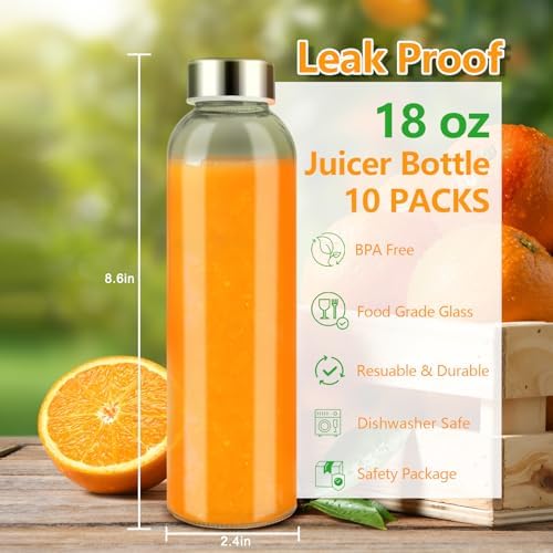 Zukro 18 oz Glass Water Bottles with Stainless Steel Lids, 100% Leak Proof
