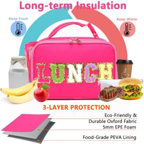 Insulated Lunch Box for School, Thermal Reusable Durable Freezable Lunch Bags for Kids Boys Girls Men Women - Small Soft Cooler Portable Lunch Tote Kit for Work Picnic Travel,Rose Red Alphabet