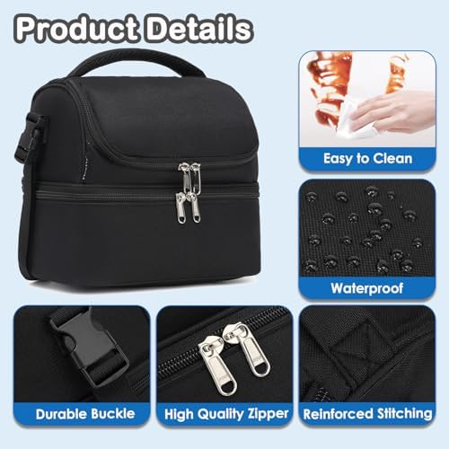 FlowFly Double Decker Cooler Insulated Lunch Bag Large Tote for Boys, Girls, Men, Women, With Adjustable Strap,Black