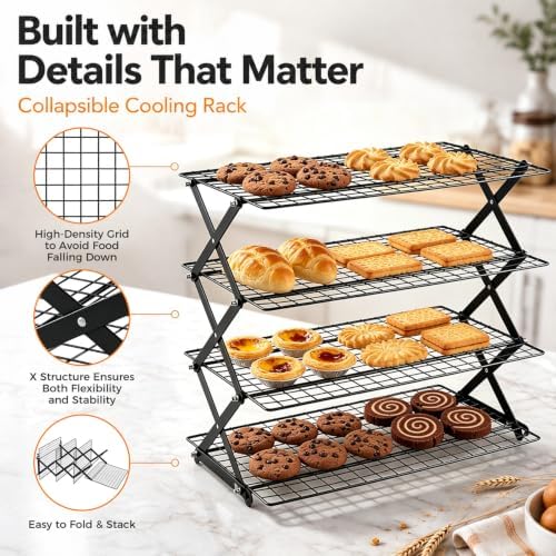 P&P CHEF 4 Tier Collapsible Cooling Racks, Stackable Bakers Rack,Black