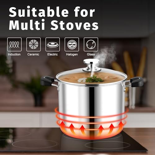 P&P CHEF 12 Qt Pot with Lid, Transparent Glass, Tri-ply Stainless Steel