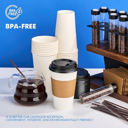 RACETOP 16 oz Paper Coffee Cups with Lids, Sleeves and Stirrers, 100 Pack