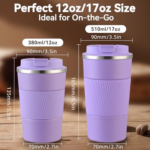 12OZ Travel Coffee Mug Insulated Coffee Cup with Spill Leak Proof Lid, Portable Stainless Steel Tumbler Reusable Hot and Cold Water Mug for Car, Daily, Camping- Purple