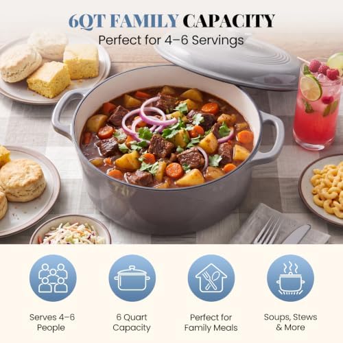 DUMOS Cast Iron Dutch Oven, 6 Quart Pot with Lid, Enameled Heavy Duty Cookware, Oven Safe to 500°F, Perfect for Bread Baking, Braising, Stews and Roasting, Moisture Sealing Lid with Dual Handles, Grey