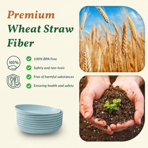 Homienly Wheat Straw Deep Plates 9 Inch Unbreakable & Lightweight Plastic Dinner Plates Alternative for Dessert, Sandwich 8 PCS Microwave & Dishwasher Safe Reusable Plate for Camping, RV-Light Blue