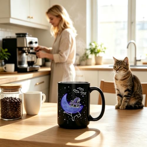 Halloween Witchy Cat Coffee Mug for Cat Lovers, 15oz Black Ceramic Tea Cup