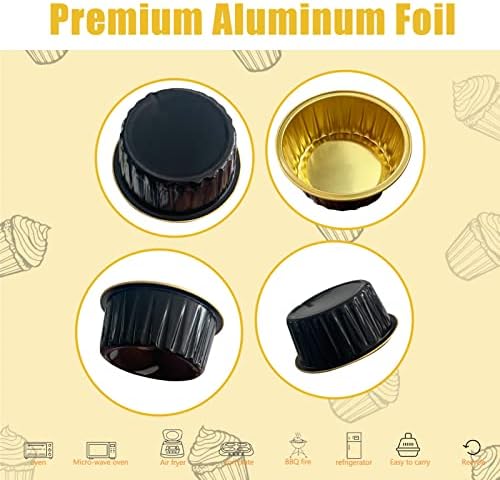 100Pcs Aluminum Cups with Lids,5oz Disposable Ramekin Baking Cups Muffin Liners Mini Pie Pans Foil Cupcake Containers for Christmas Party Wedding,Black Gold