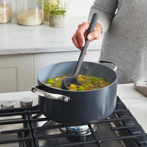 GreenPan Silicone Ladle, Soup Mixing Stirring Serving, Cooking Kitchen Utensil, Flexible Rubber Nonstick Cookware, Rigid Steel Core, Heat-Resistant, Anti-Slip Handle, BPA-Free, Dishwasher Safe, Gray