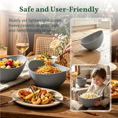 Homienly Wheat Straw Bowls, Large Salad Bowls Set of 6-60 OZ Serving Bowl for Kitchen, Camping, Party - Unbreakablke Microwave and Dishwasher Safe Big Cereal Bowl, Large Soup Bowl - Grey