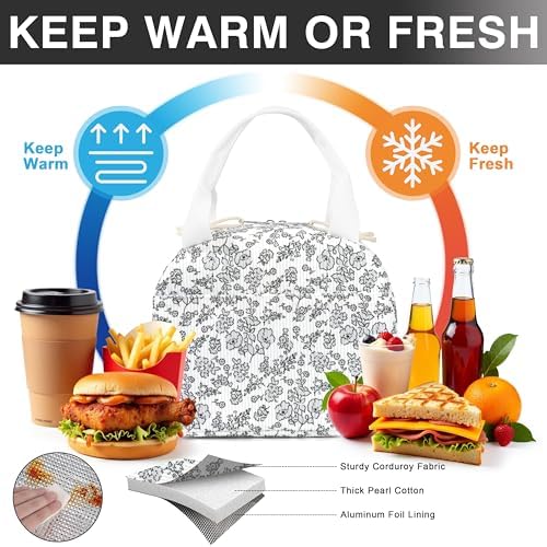 TESAFNG Lunch Bag - Insulated Lunch Box for Women, Reusable Large Capacity Cooler Bag for Adult, Small Leakproof Cute Corduroy Lunch Tote for Work Office Travel Picnic (Corduroy White-Floral)
