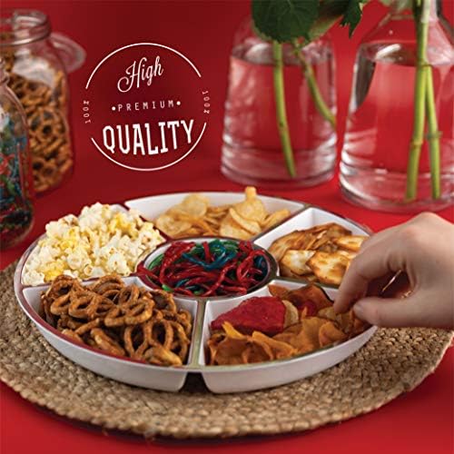 6 Sectional Round Plastic Serving Tray/Platters White W Silver Rim 4 Pack