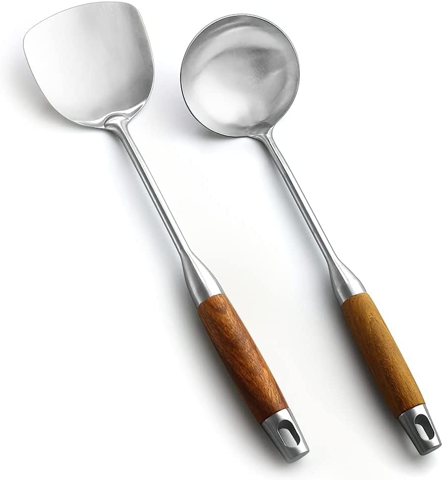 AOOSY 2 Pcs Wok Spatula & Ladle Set, 304 Stainless Steel Cooking Utensils
