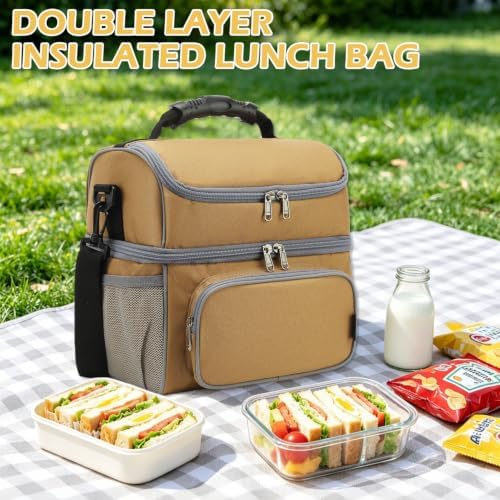 FlowFly Double Layer Cooler Insulated Lunch Bag Adult Lunch Box Large Tote Bag for Men, Women, With Adjustable Strap,Front Pocket and Dual Large Mesh Side Pockets