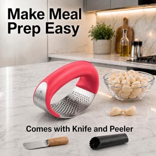 Zulay Kitchen Stainless Steel Garlic Press Rocker Set - Premium Garlic Mincer Garlic Crusher - New Innovative Garlic Crusher with Peeler and Scraper - Comfortable Grip (Red)