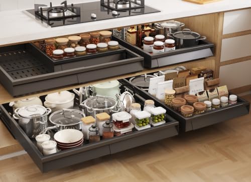 Seinloes Pull Out Cabinet Organizer, 4-Side Expandable to Fit Most Cabinets, 3 Rail Slide Out Drawers with Raising Pad for Framed & Frameless Cabinets, 15"-25" W x 17"-24" D, Black, 4 Pack