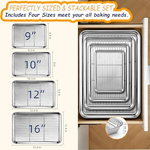 Baking Sheet Pan Set of 8, CEKEE Stainless Steel Cookie Sheets for Baking with Cooling Rack, Small/Quarter/Jelly Roll Pans, 9/10/12/16 Inch, 0.8mm Thick Heavy Duty & Non Toxic & Easy Clean