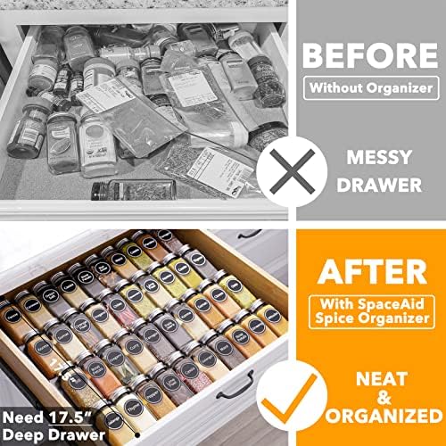 SpaceAid Spice Drawer Organizer with 40 Spice Jars, 386 Spice Labels, 4 Tier Seasoning Rack Tray Insert for Kitchen Drawers, 18.5" Wide x 17.5" Deep