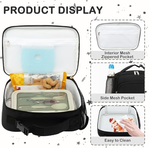 FlowFly Kids Lunch box Insulated Soft Bag Mini Cooler Back to School Thermal Meal Tote Kit for Girls, Boys,Black
