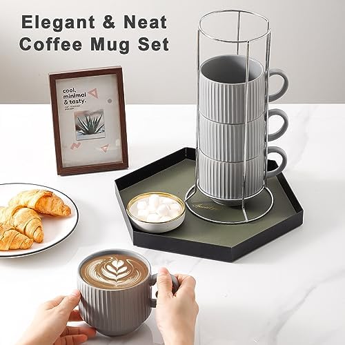 Hasense Coffee Mugs Set, Stacking Tea Cups Set of 4 with Holder - 15 oz Large Ceramic Ribbed Latte Cup Set for Cappuccino, Tea, Hot Cocoa, Drinks - Dishwasher & Microwave Safe, Grey