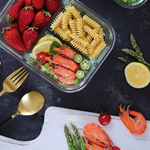 8 Pack 36oz Borosilicate Glass Meal Prep Containers 3 Compartment with Lids