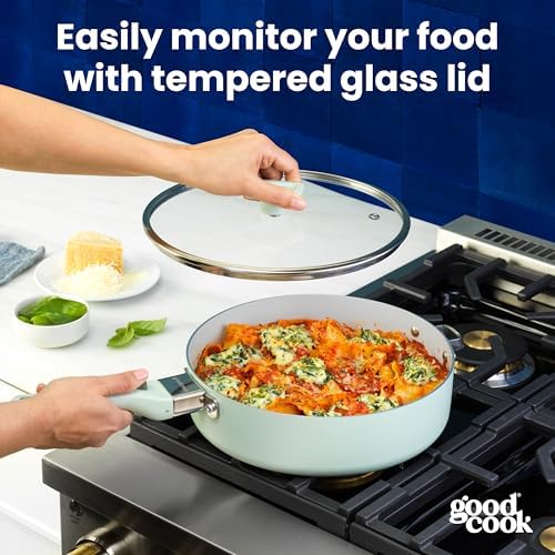 GoodCook Ceramic Deep Saute Pan Skillet with Removable Handle & Lid, Induction Compatible, Nonstick and Oven Safe, 4-Quart, Sage Green