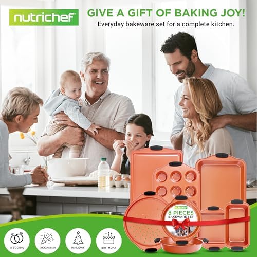 NutriChef 8 Piece Baking Pans Set - Nonstick Carbon Steel Bakeware Set w/ Silicone Heat-Safe Handles - Includes Loaf Pan, Muffin Pan, Cookie Sheets, Pizza Crisper, Roasting Pans - Rose Gold