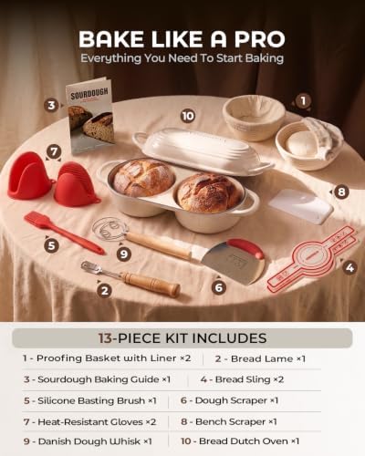 Sourdough Bread Baking Kit with Double Loaf Cast Iron Bread Pan, White