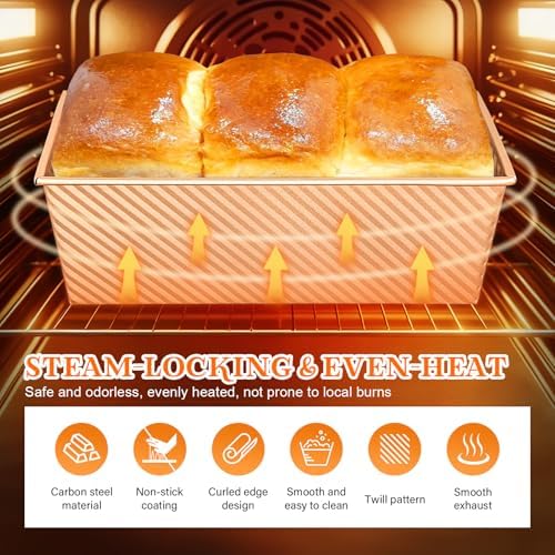 3-Pack Bread Pan with Lids, 2.2LB & 1LB & 1LB Dough Capacity, Non-Stick Carbon Steel Pullman Loaf Pan for Baking, Professional Toast Box Mold with Baking Tools - Gold