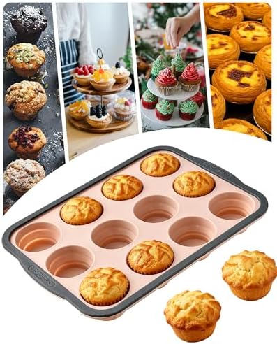 Silicone Muffin Pan for Baking with Metal Frame， Nonstick Cupcake Pan， 12 Cup Baking Pan for Cupcake, Tarts, Egg Bites(12 Cup Pink)