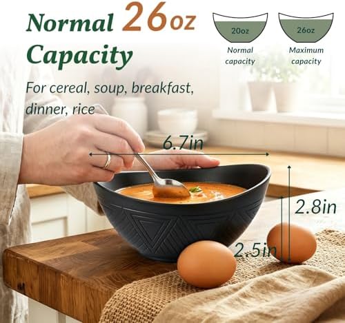 Homienly Wheat Straw Serving Bowls Unbreakable Oval Bowls Set of 6 Soup Bowls Microwave Safe Cereal Bowls for Kitchen, Camping, Party Dishwasher Safe Plastic Bowls for Dinner, Soup (26 OZ Black)