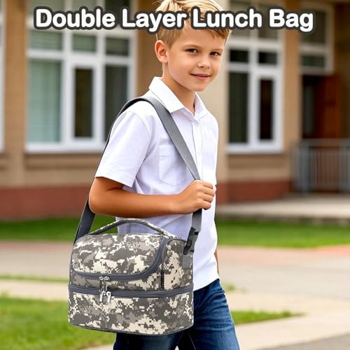 FlowFly Kids Double Decker Cooler Insulated Lunch Bag Large Tote for Boys, Girls, Men, Women, With Adjustable Strap, Digital Camo