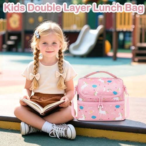 FlowFly Kids Double Decker Cooler Insulated Lunch Bag Large Tote for Boys, Girls, Men, Women, With Adjustable Strap, Unicorn