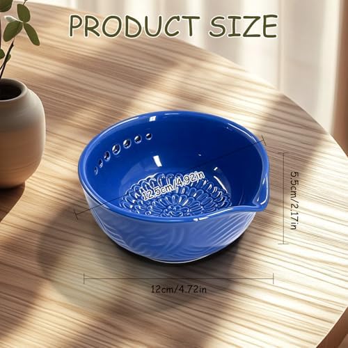 Grater Plate, 3 in 1 Handmade Tool Ceramic Bowl with Herb Stripper (Blue)
