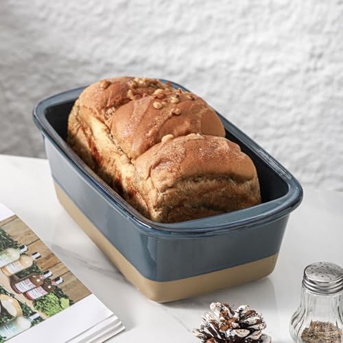 HVH Ceramic Loaf Pan for Baking Bread, 9 x 5 inch Baking Bread Loaf Pan, Rectangular Bread Pan, Bread Baking Pan for Cooking, Farmhouse Style (Blue)
