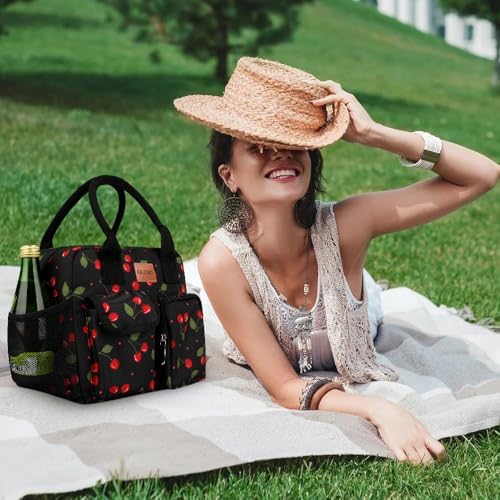 BALORAY Lunch Bag for Women Men Adult Lunch Box (Cherry with strap), L