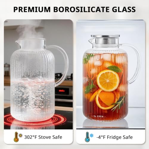 Bivvclaz 3 Liter 101 oz Stripes Glass Pitcher with Lid and Handle