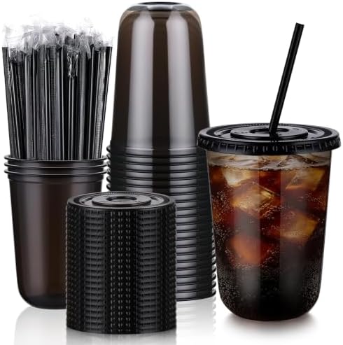 tchrules 25 Set 16oz Black Plastic Disposable Cups with Lids and Straws