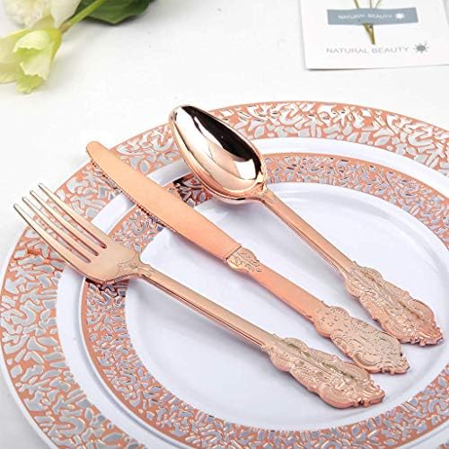 WDF-300 Pieces Rose Gold Plastic Silverware- Disposable Flatware -Heavyweight Plastic Cutlery- Includes 100 Forks, 100 Spoons, 100 Knives for Wedding/Parties/Birthday