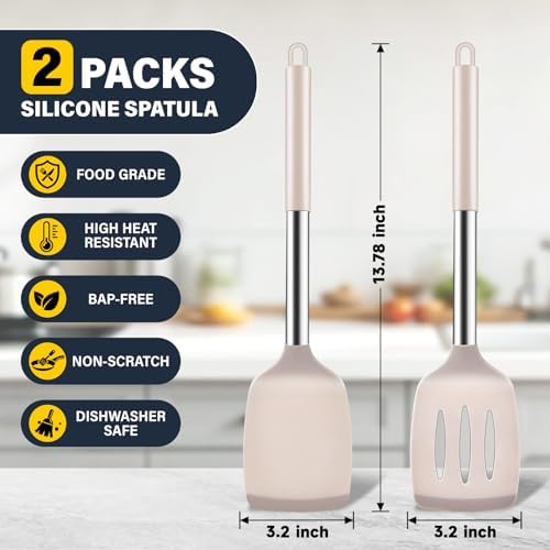 2 Pack Silicone Spatula Set, Solid & Slotted Turner for Non-Stick Pans, High Heat Resistant Silicone Spatula for Cooking, BPA-Free Stainless Steel Cooking Utensils for Fish, Eggs, Pancakes, Khaki
