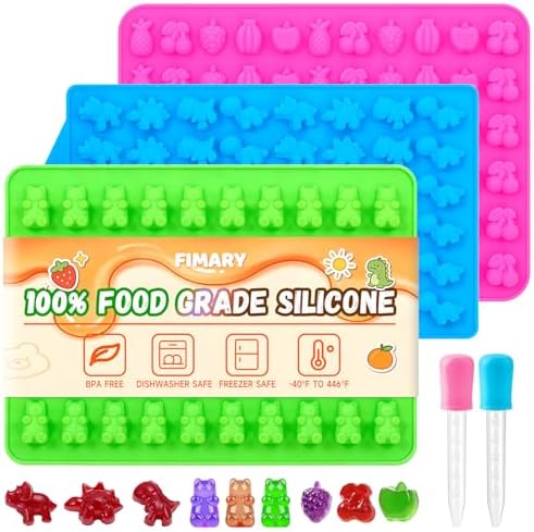 Gummy Candy Chocolate Molds - Silicone Mini Gummy Bear/Dinosaur/Fruit Snack Molds with 2pcs Dropper, Non-stick for Candy Chocolate Gummies Baking