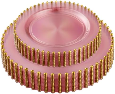PLASTICPRO 64 Piece Combo Plastic Dinner Plates Disposable Plastic Fancy Heavy Duty Party Dishes 7 inch and 10 inch, Translucent Pink and Gold Beaded
