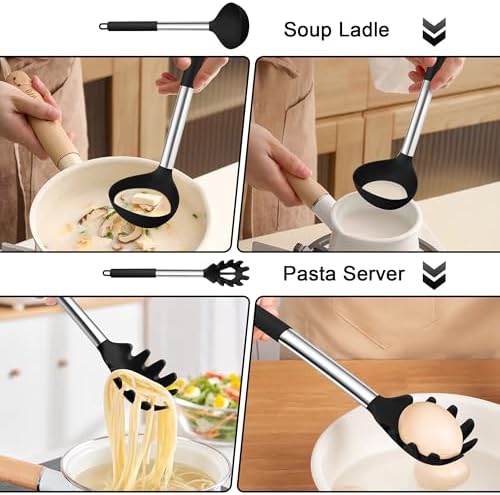 TeamFar Silicone Pasta Fork and Ladle, Nonstick Kitchen Utensils, Black